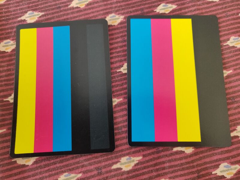 Photo of the two color test print cards.